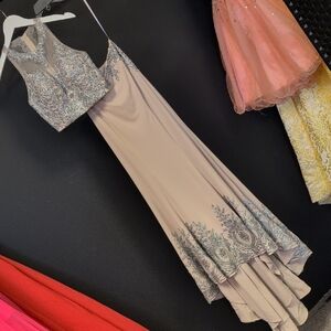 Dave & Johnny Nude and Silver Beaded Two-Piece Prom Dress